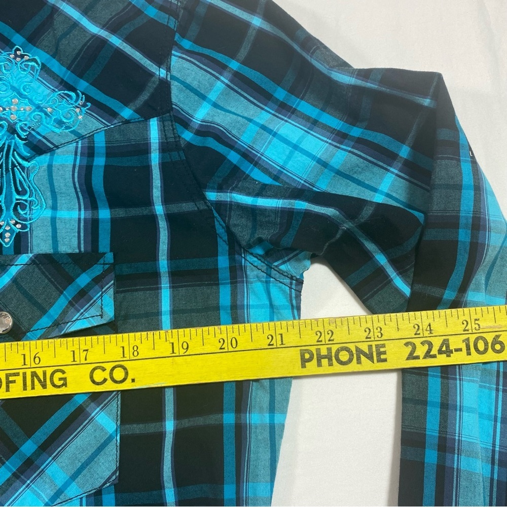 Cowgirl Pearl Snap Button Shirt Plaid long sleeve Blue white rodeo Western Shirt - Picture 5 of 9